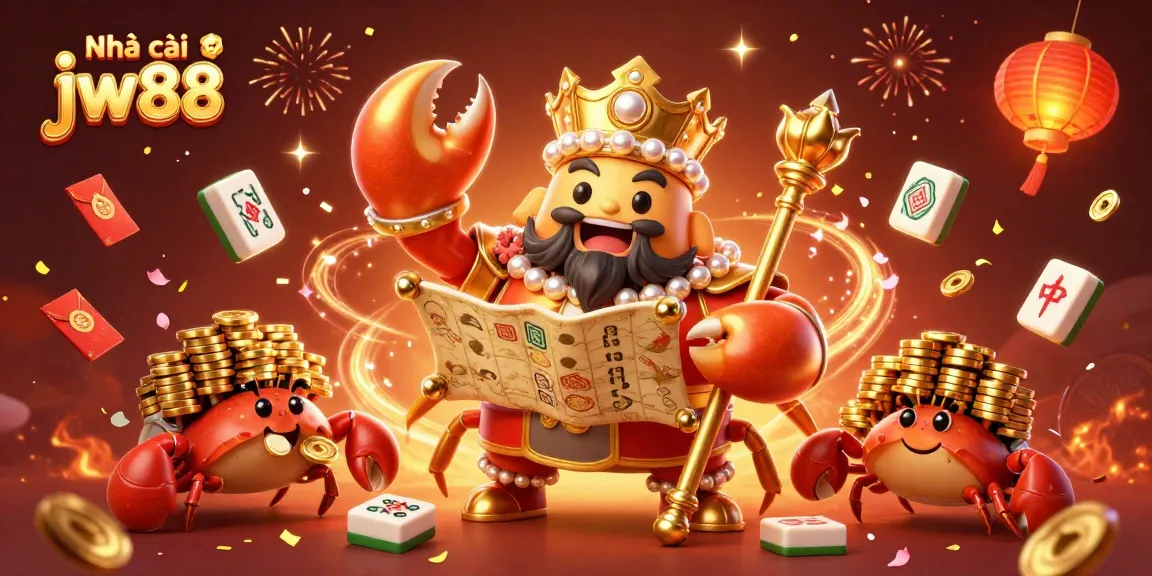 Experience the allure of Nhà cái jw88 with a vibrant 3D illustration of a golden crab emperor overseeing festive gaming elements.