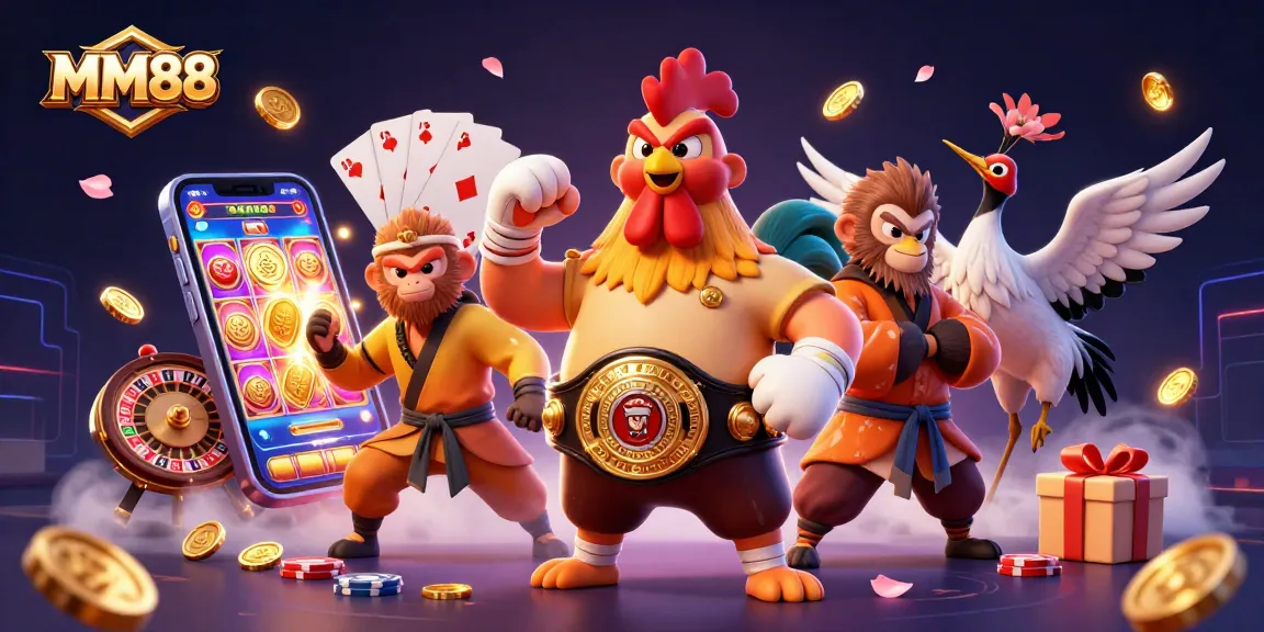 Experience excitement with MM88's interactive gaming scene featuring iconic characters and vibrant casino elements.