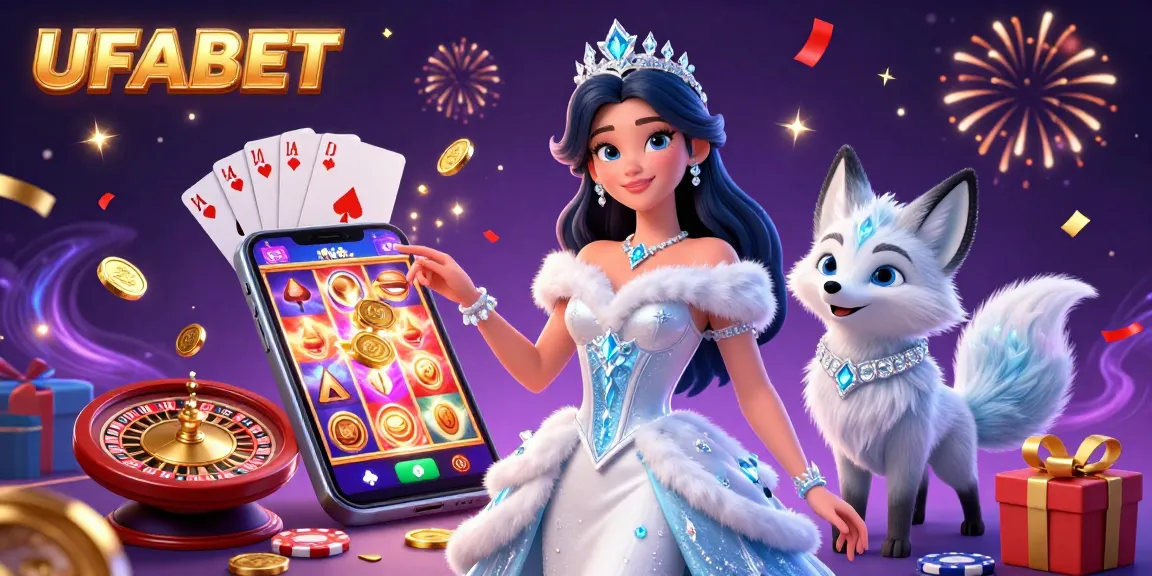 Play thrilling games with UFABET, showcasing a vibrant casino scene with a lucky ice queen and her arctic fox.