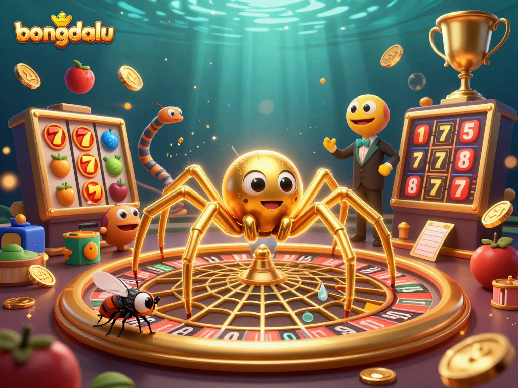 bongdalu showcases a unique gambling scene with a golden spider spinning a roulette web and animated characters.