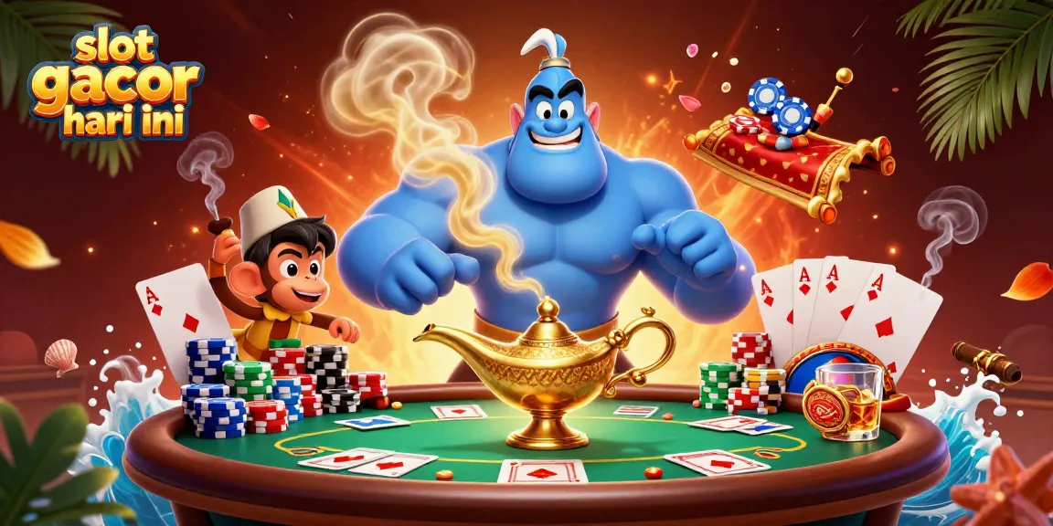 Putar slot dengan visual yang menarik dari slot gacor hari ini yang menampilkan jin dan elemen poker.