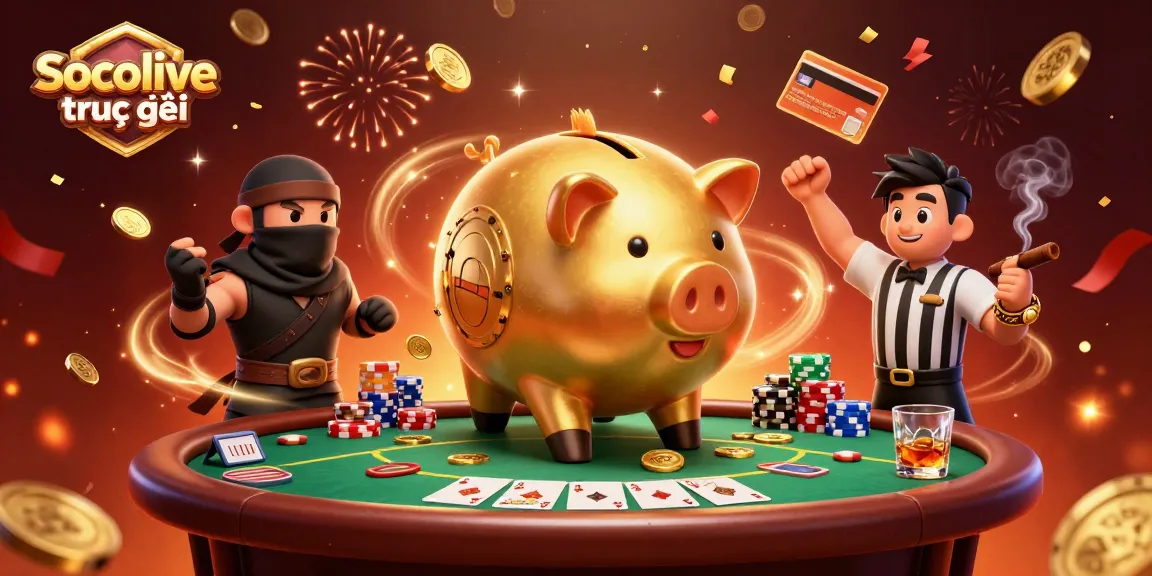 Socolive trực tiếp captures thrilling poker action with golden piggy bank sumo wrestler and dynamic characters.