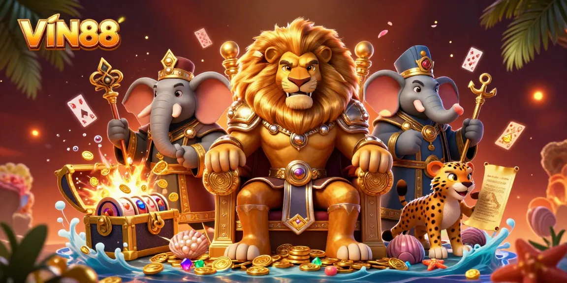 Engage in dynamic gaming at VIN88 with slot reels, golden treasures, and intriguing characters.