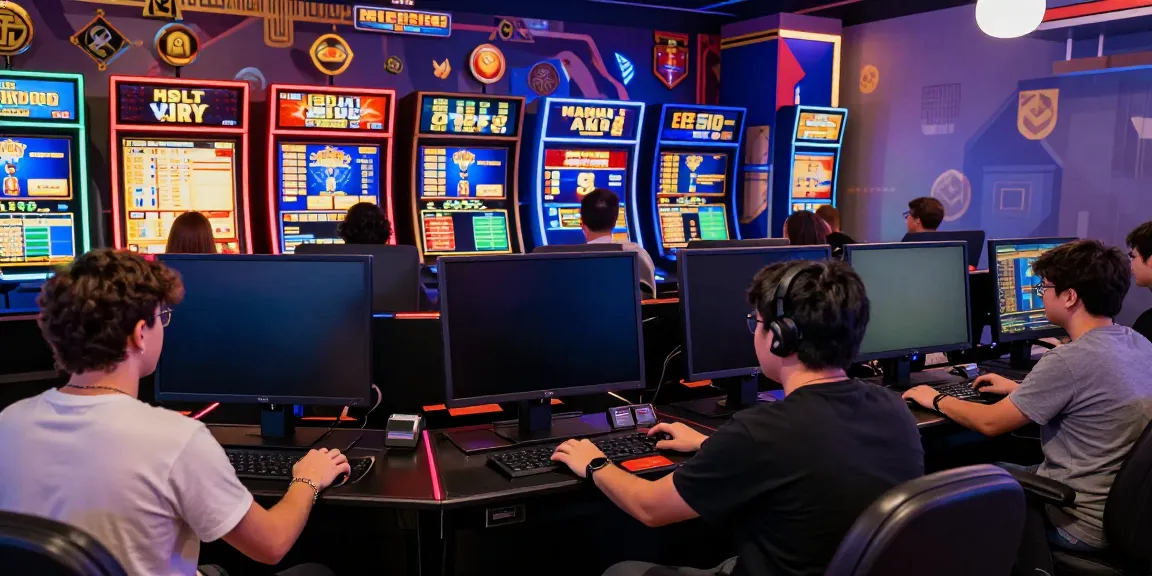 Exciting online gaming scene of qqmacan players engaged in slot games with vibrant graphics and technology.