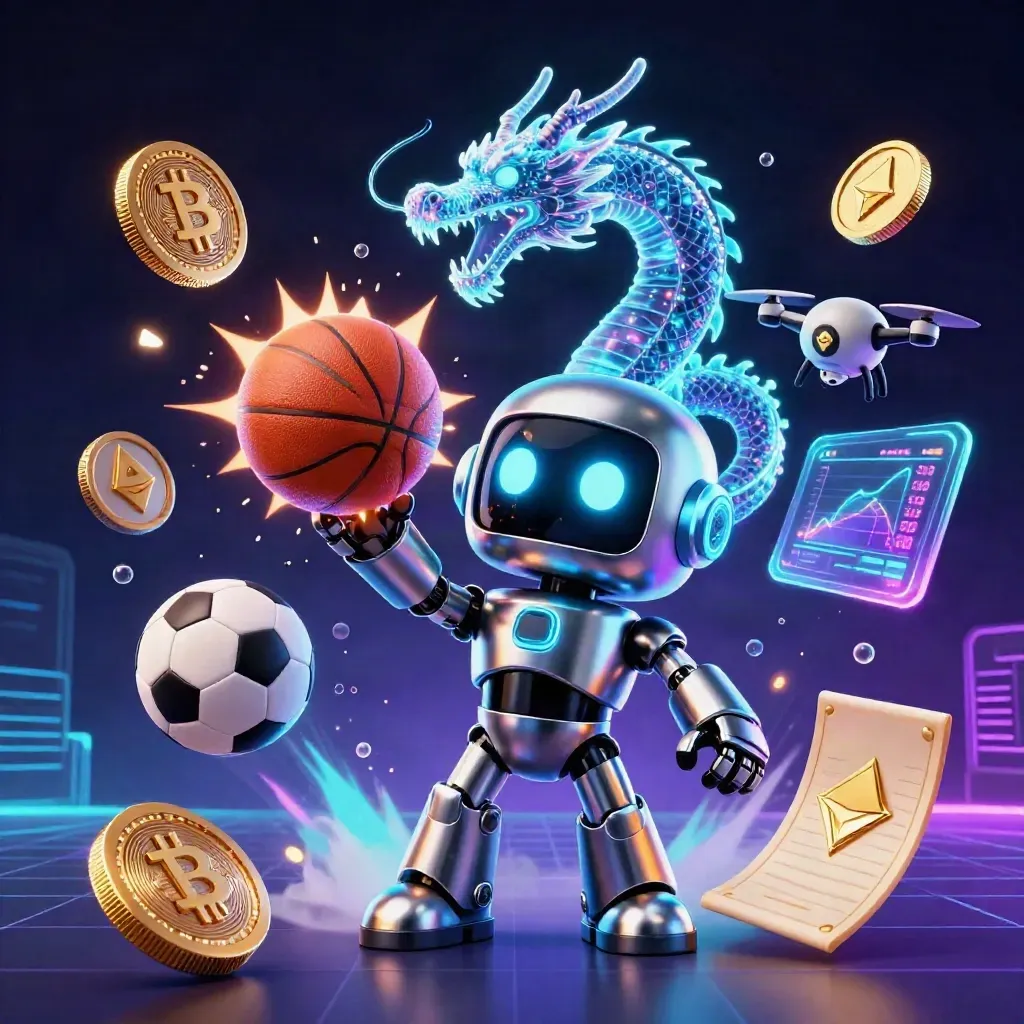 Ground-level cyberpunk robot, holographic dragon, drone, coins, and glowing balls in a neon casino arena.