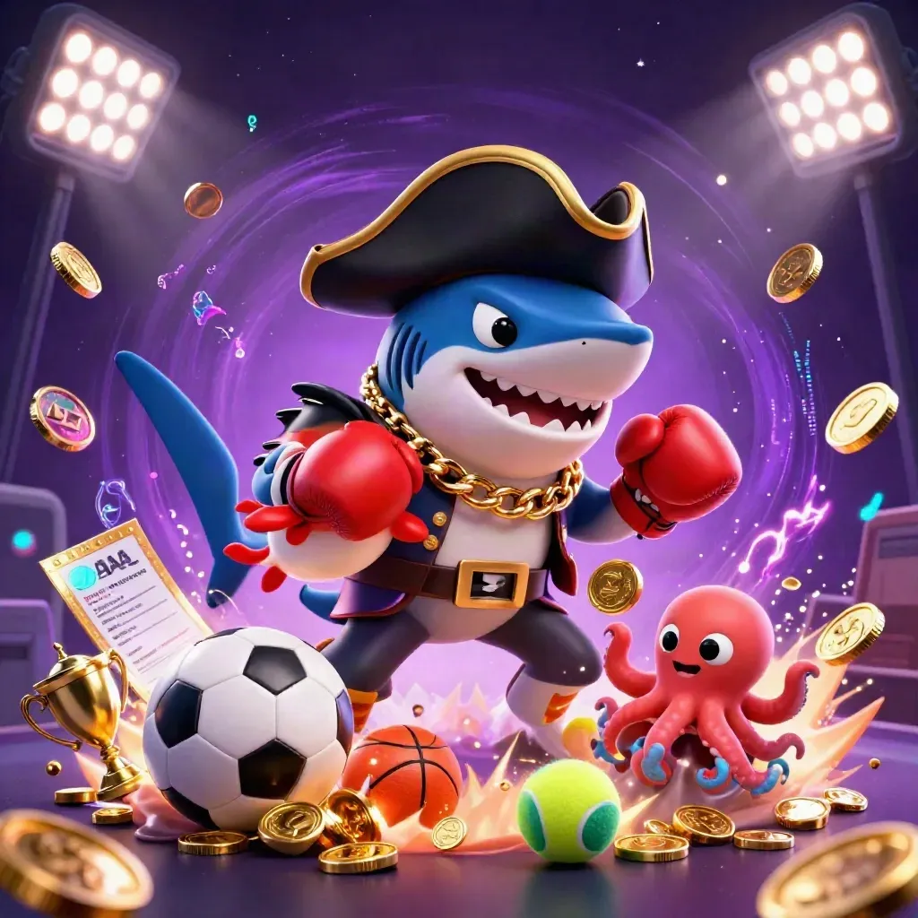 Pirate shark, pufferfish, and octopus amid flying sports balls, coins, lights, and purple energy.