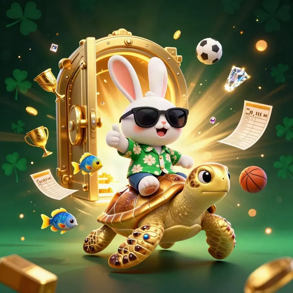 Cartoon rabbit on golden sea turtle bursting from vault with treasure and casino lights
