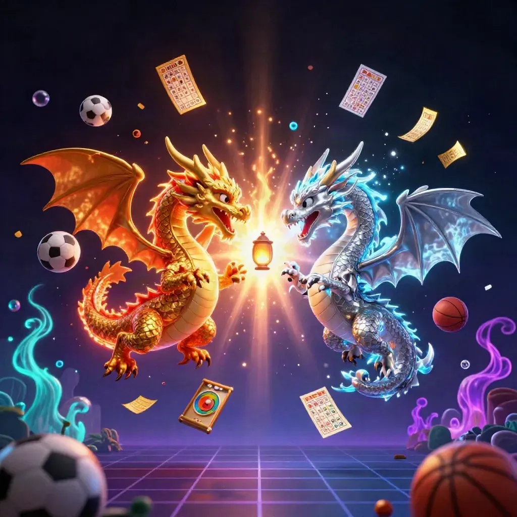 Gold and silver dragons spiral around casino game props in a neon cyber vault scene.