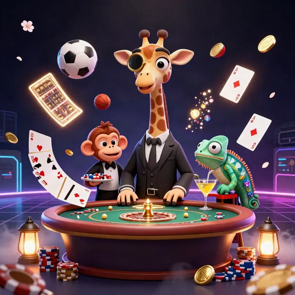 Giraffe, monkey, and chameleon at a casino table amid flying sports balls and gold chips