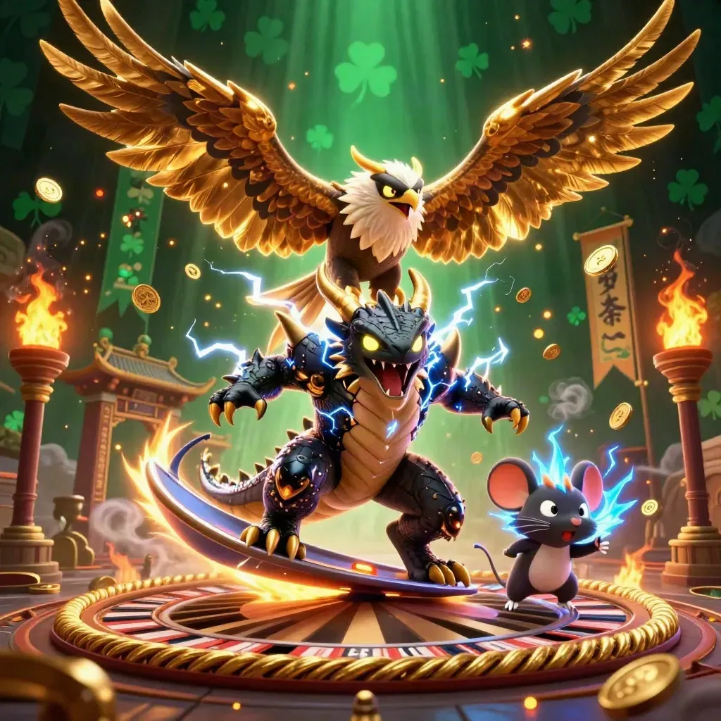 Thunder dragon, wind hawk, and mouse in a luxe emerald-and-gold casino fantasy.