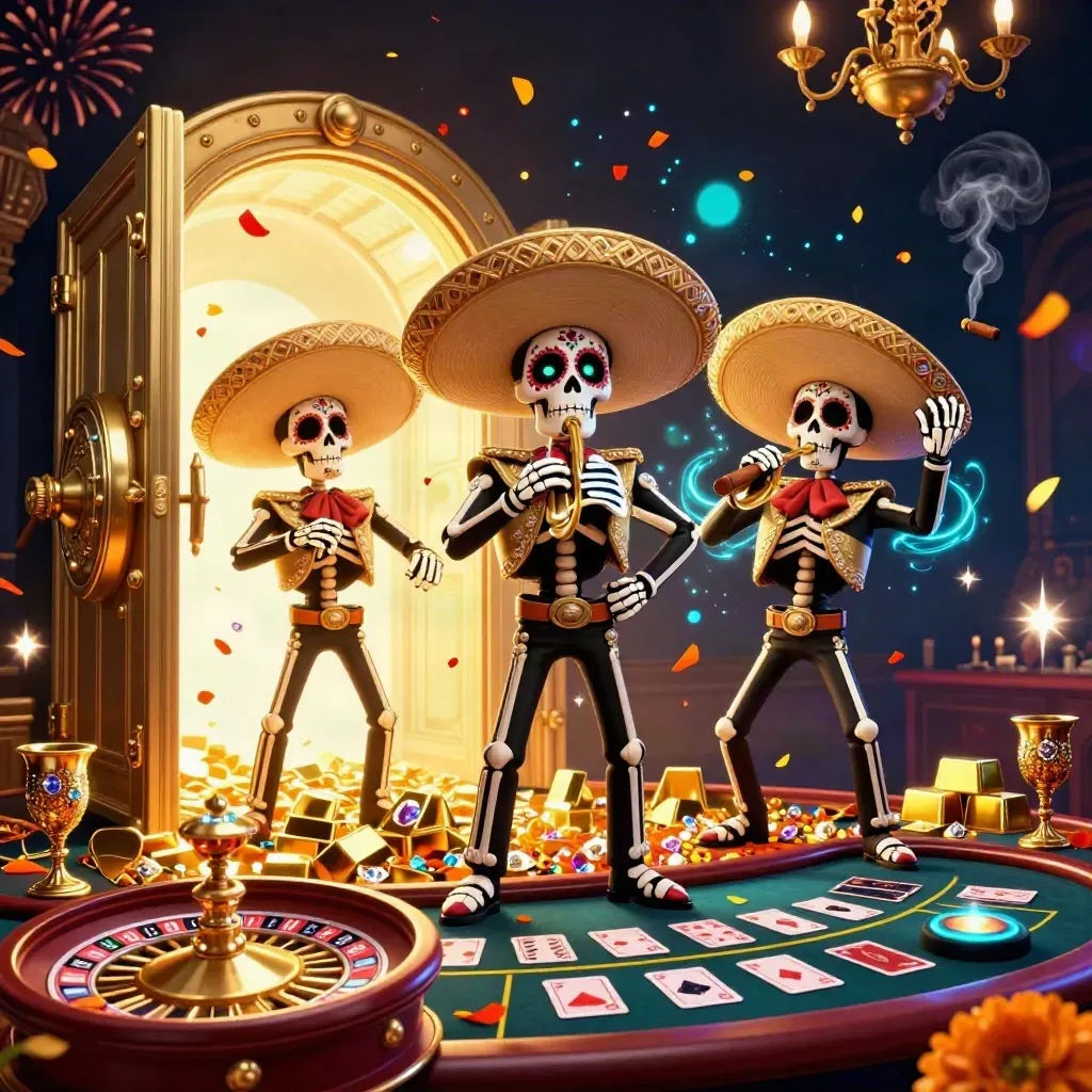 Day-of-the-Dead skeleton mariachi trio amid a vault blast, gold, gems, and casino lights