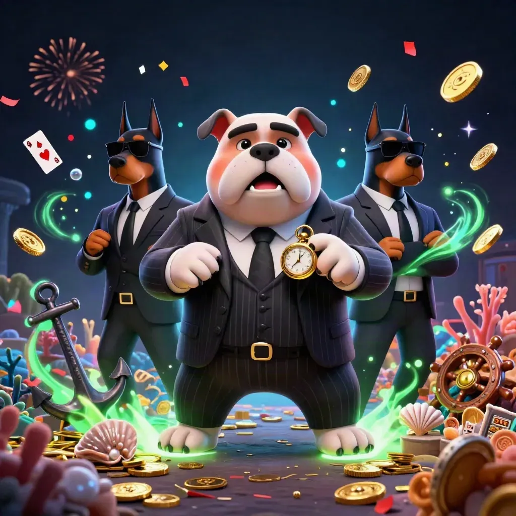 Bulldog casino boss with two Doberman guards amid gold coins, coral, cards, and neon treasure glow.