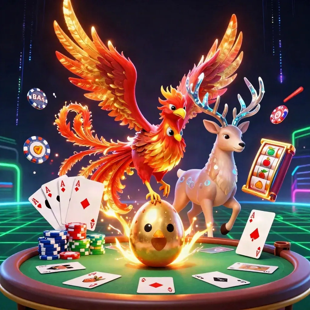 Phoenix, baby phoenix, and crystal stag burst over casino chips and neon slot reels.