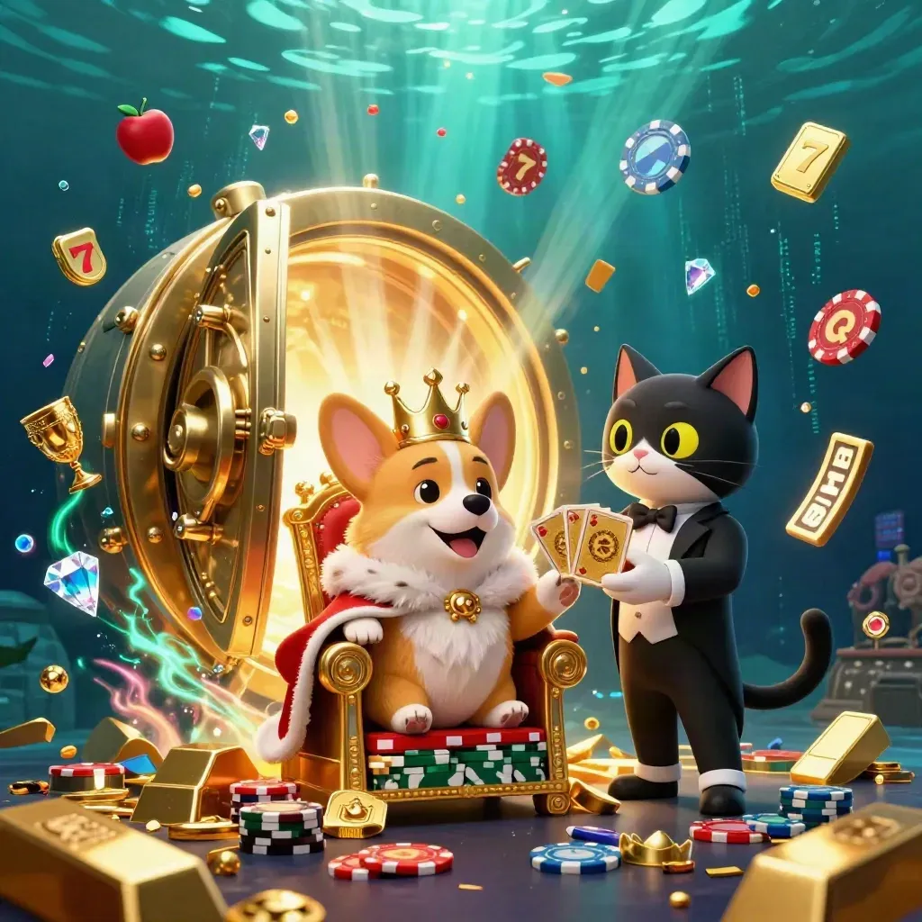 Royal corgi and cat butler burst from a gold vault underwater with gems and emerald energy.