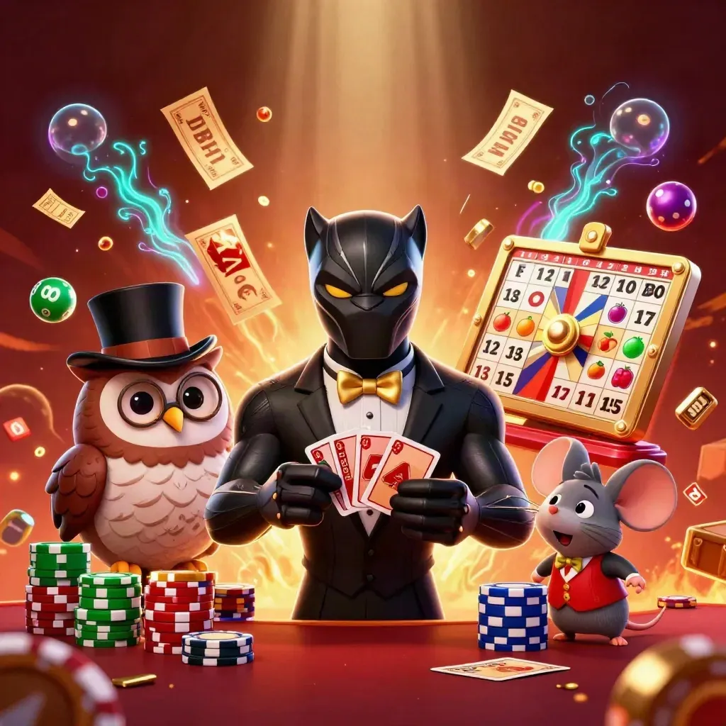Panther dealer, owl chip holder, and mouse in a casino splash scene with flying prizes and glowing effects.