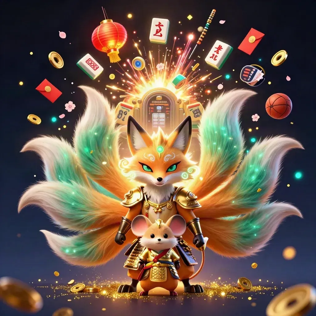 Neon fox spirit and armored mouse amid casino treasures, coins, lanterns, and fireworks