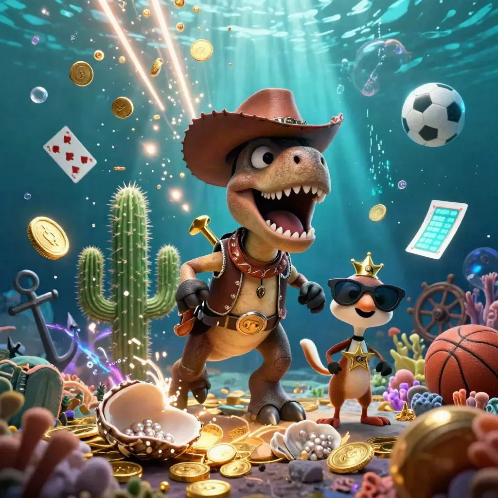 Cowboy T-Rex, cactus sidekick, and sheriff roadrunner burst through a gold coin underwater vault.