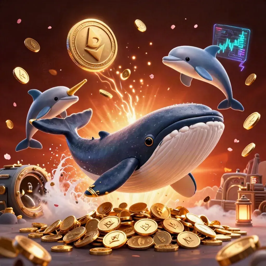 Whale, narwhal, and dolphins burst from coins amid neon casino effects and firelight.