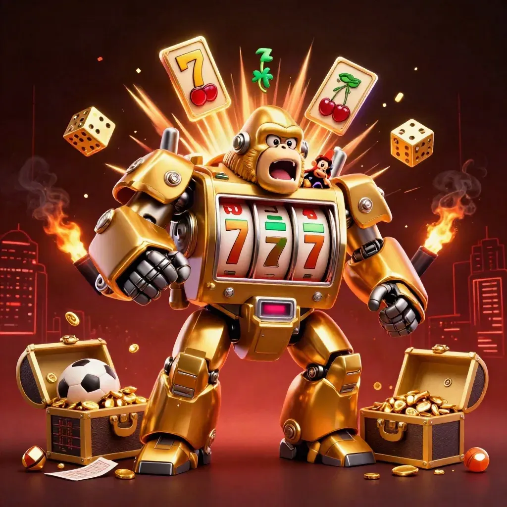 Golden gorilla mech bursts from a slot machine amid coins, dice, and a tiny monkey pilot.