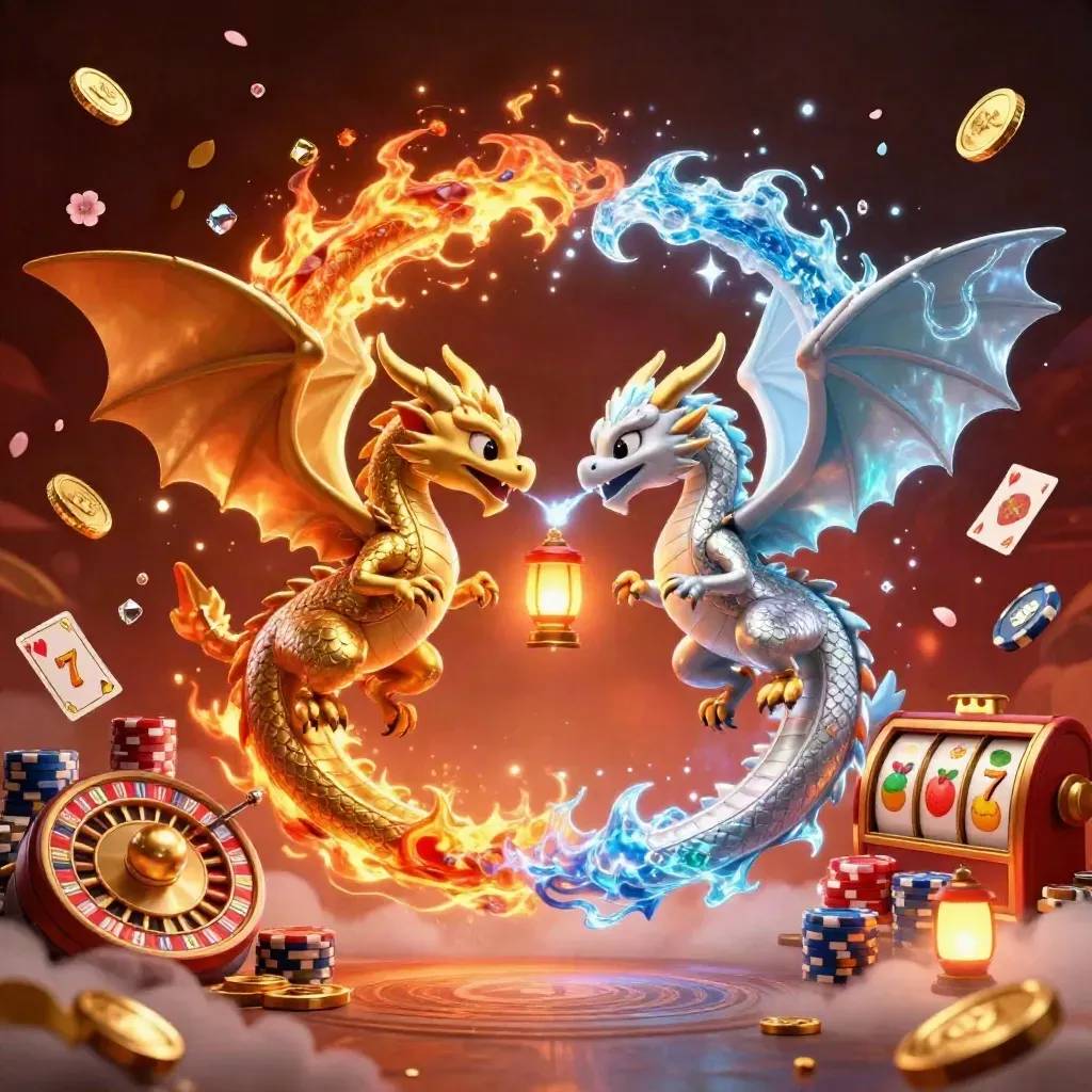Twin gold and silver dragons spiral with casino symbols in a fiery dark glow.