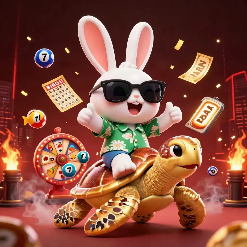 Rabbit rider on a golden sea turtle amid casino icons, glowing against a dark red skyline.