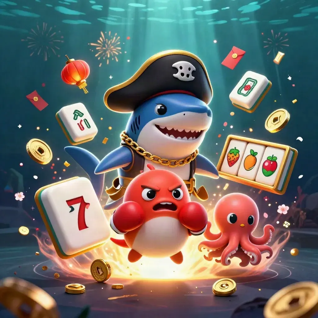 Pirate shark, boxing pufferfish, and juggling octopus amid casino reels and glowing underwater effects.