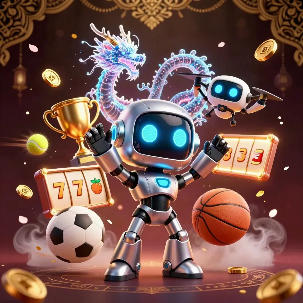 Cyberpunk robot, holographic dragon, and coin drone amid casino props, coins, and luxe dark glow.