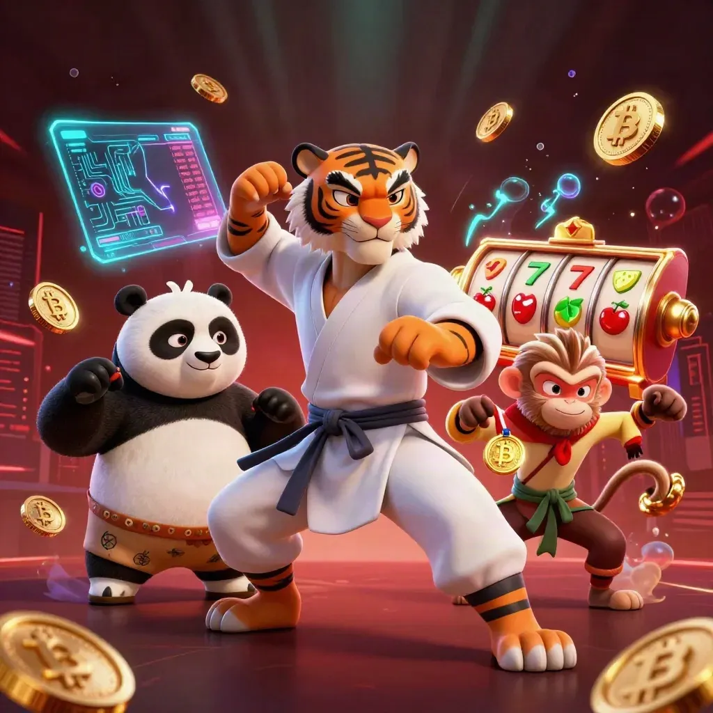 Kung-fu tiger, panda, and monkey amid casino reels, crypto coins, and neon lightning.
