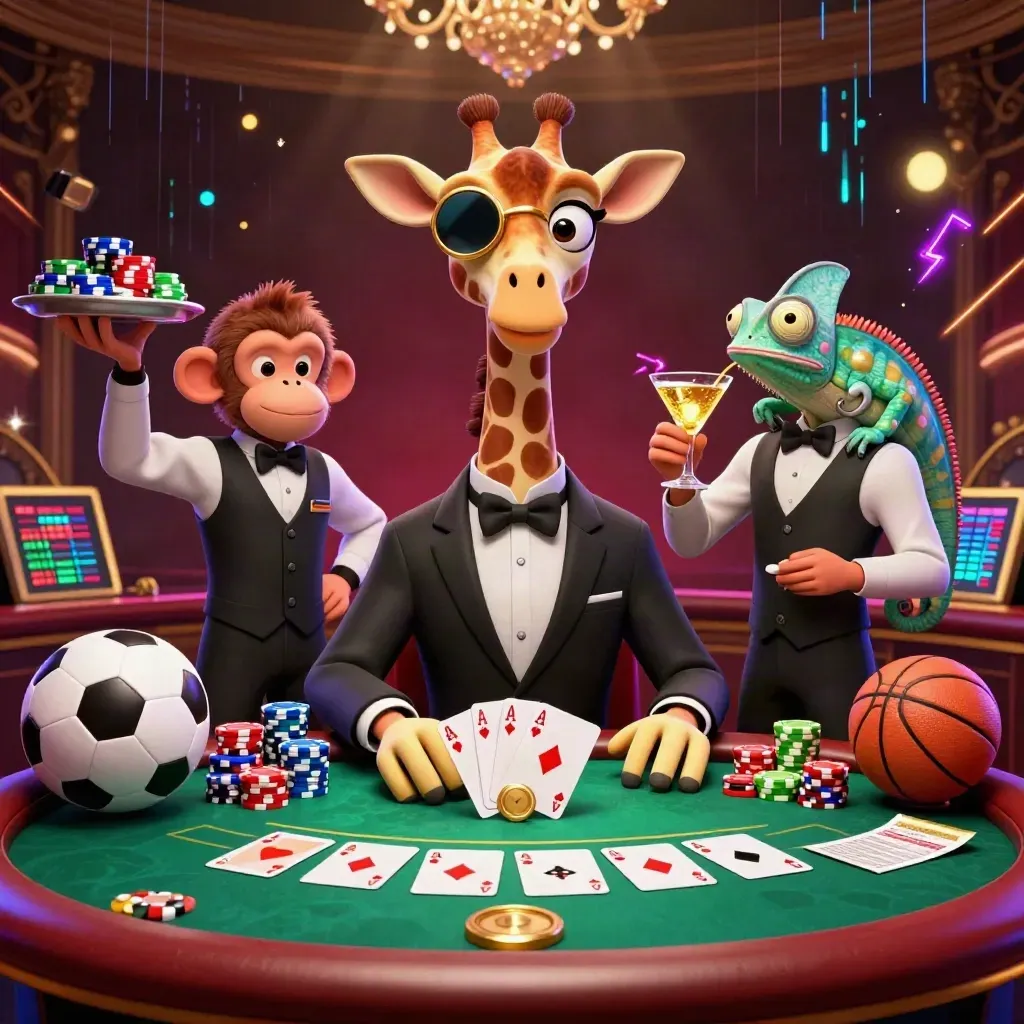 Giraffe high roller, monkey valet, and chameleon bartender amid chips, cards, and neon casino glow.