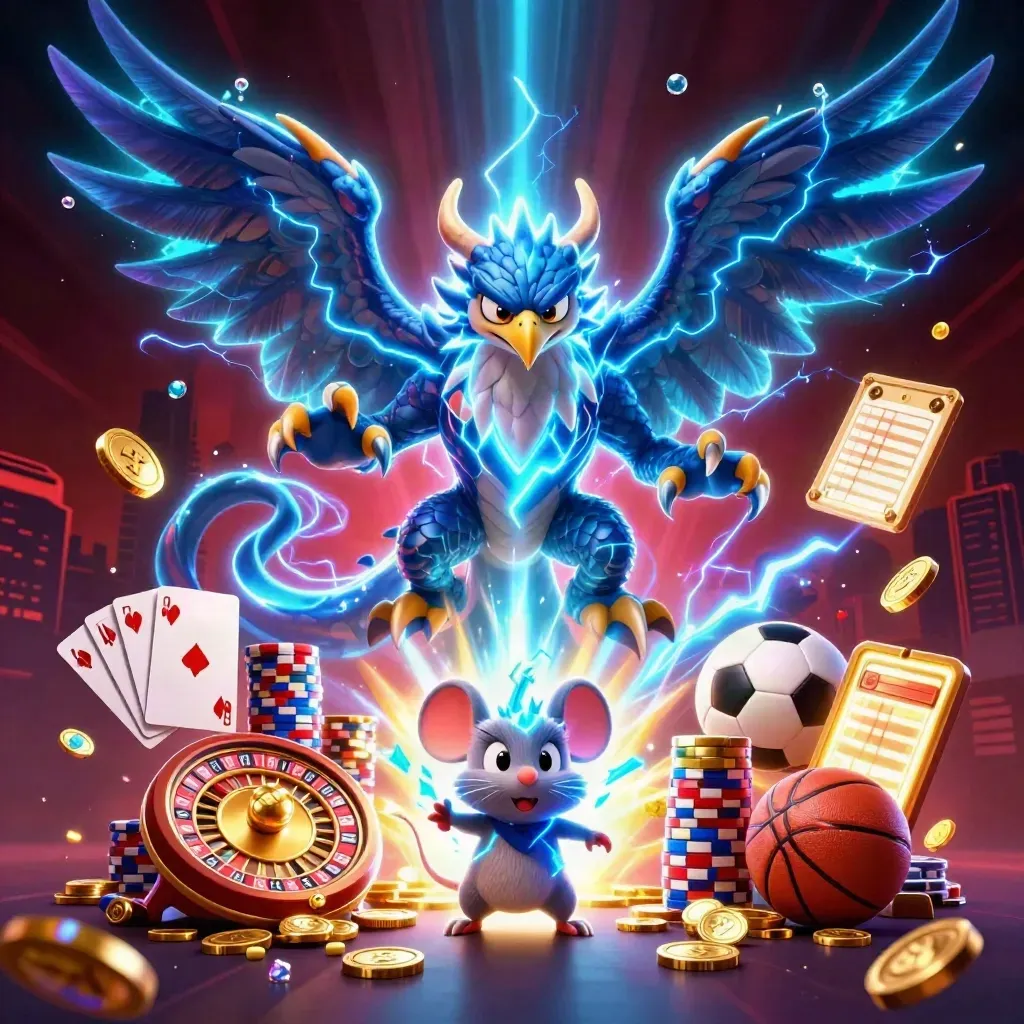 Thunder dragon, wind hawk and static mouse amid casino prizes and glowing coins