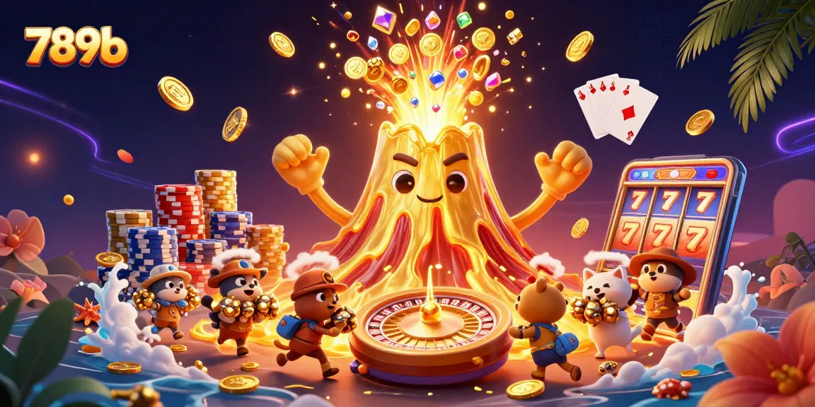 Win treasures with 789b in this vibrant 3D illustration of a golden volcano and treasures.