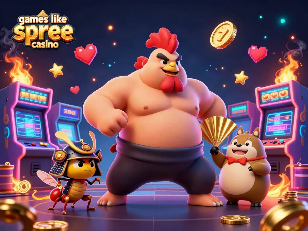 Experience games like spree casino with a dynamic cartoon scene featuring a sumo wrestler rooster and vibrant gaming elements.
