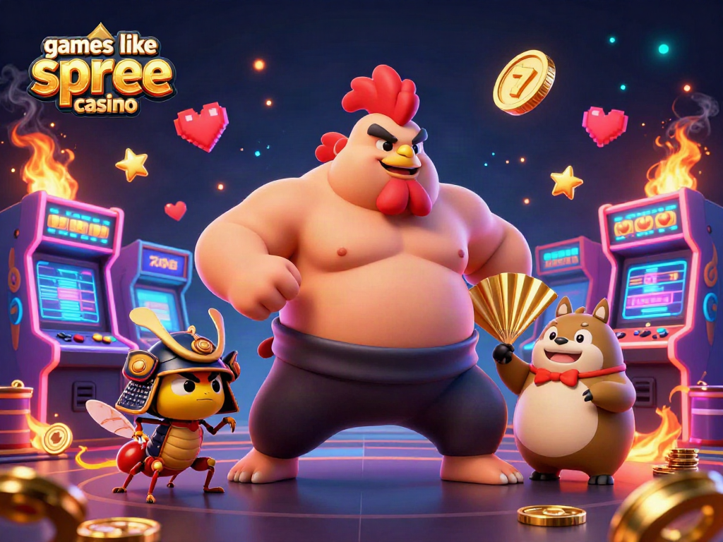 Experience games like spree casino with a dynamic cartoon scene featuring a sumo wrestler rooster and vibrant gaming elements.