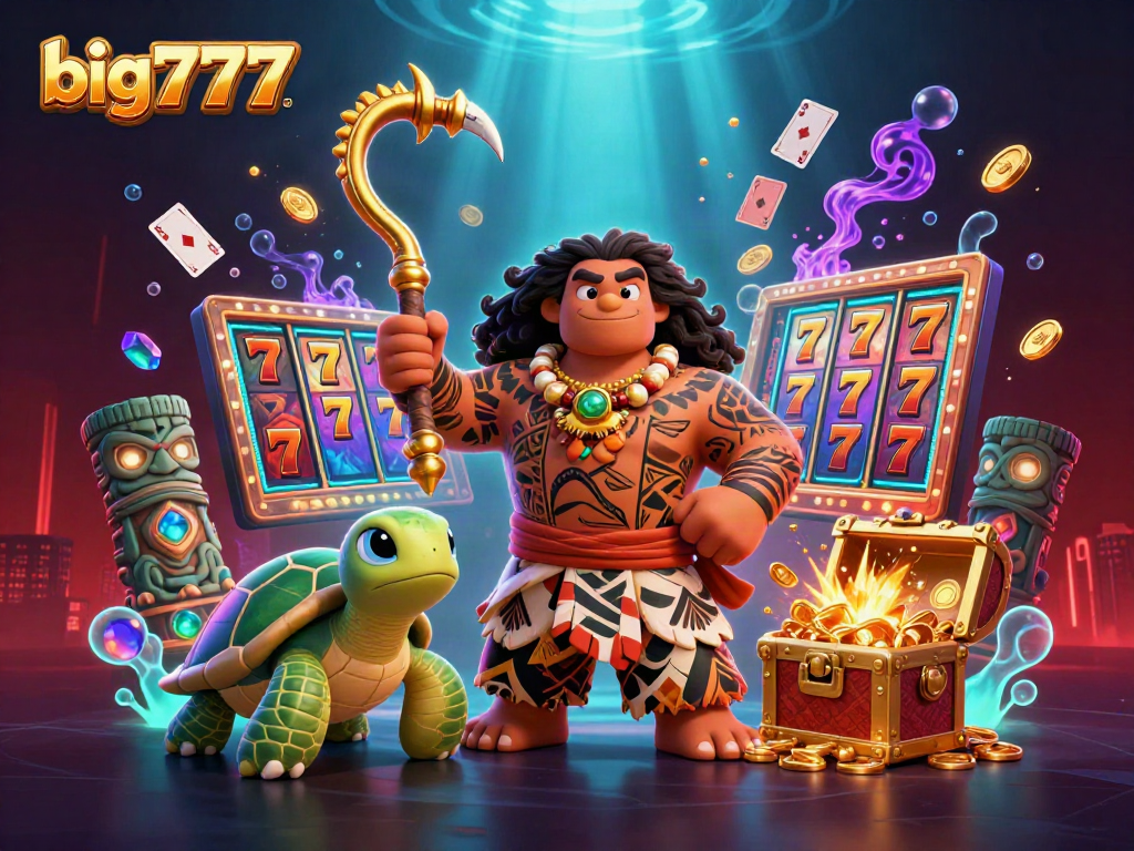 Engage with big777 slots featuring a Maui-style demigod and vibrant casino elements in a thrilling underwater scene.