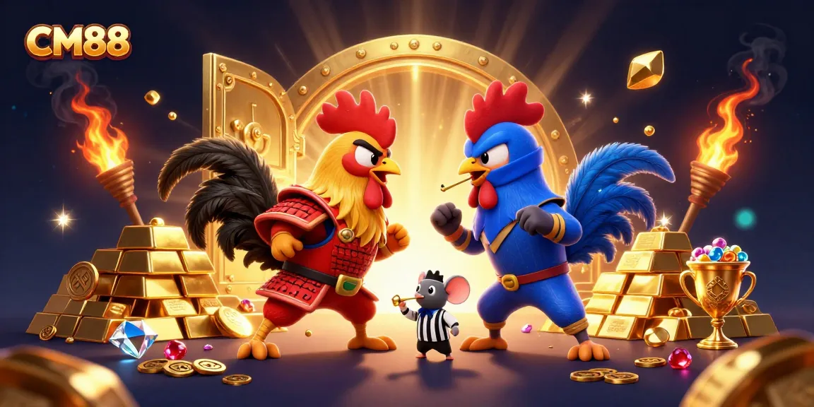 CM88 showcases an intense standoff between cartoon roosters in a vibrant casino setting.
