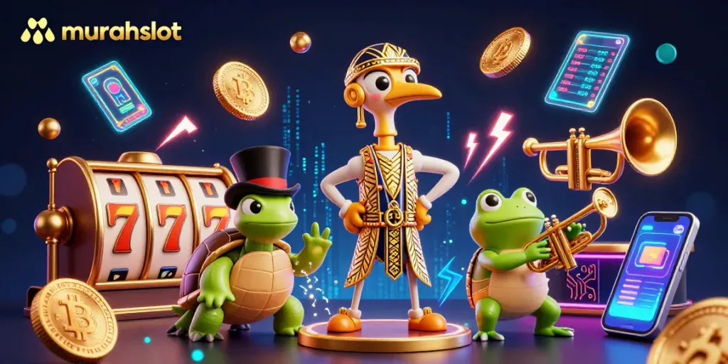 Menang besar di murahslot dengan simbol slot, koin Bitcoin, dan elemen kasino berkilau.