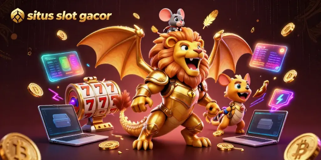Engage with situs slot gacor featuring a triumphant chimera and crypto coins in a vibrant casino scene.