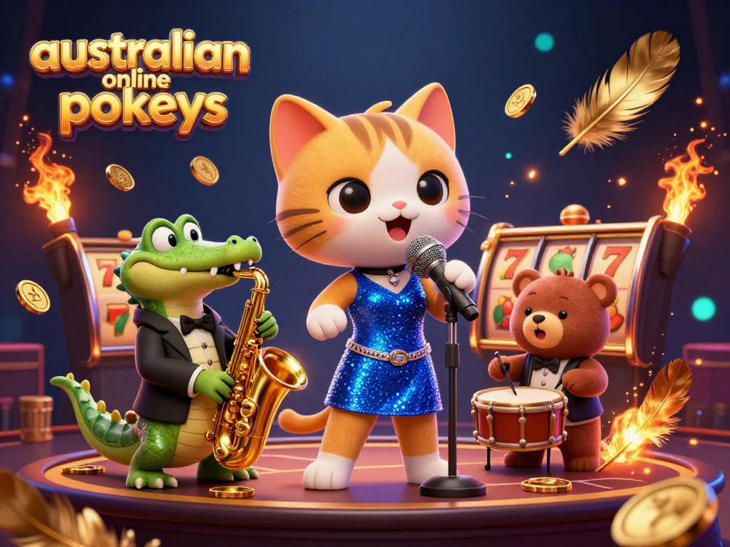 Engage with australian online pokies where a jazzy cat, crocodile, and bear entertain on stage amidst golden coins.