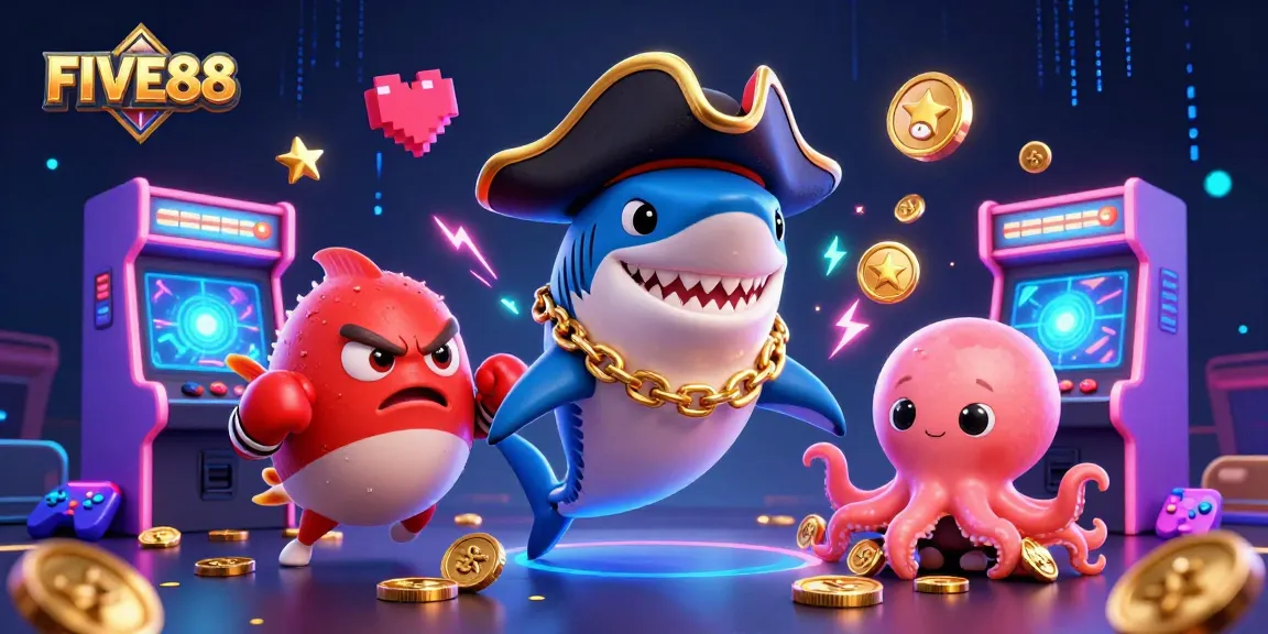 Engage with the FIVE88 casino experience featuring lively characters and vibrant gaming elements.