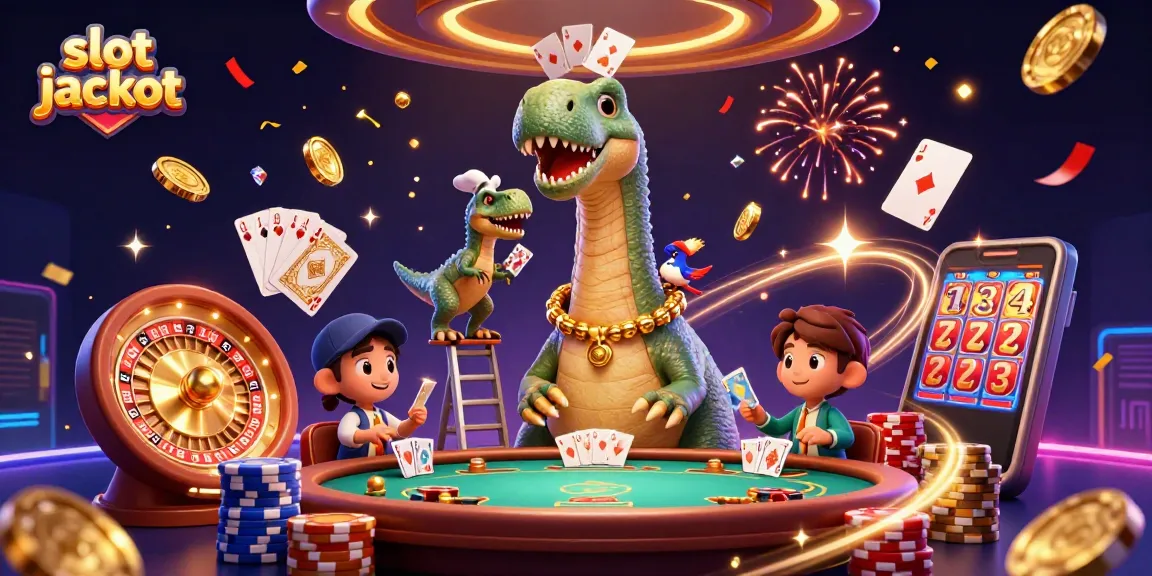 Menangkan slot jackpot dengan brontosaurus lucu dan raptor yang menarik kartu di kasino.