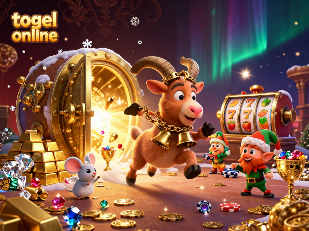 Togel online theme with Krampus in a spooky casino scene, showcasing vibrant slot reels and festive chaos.