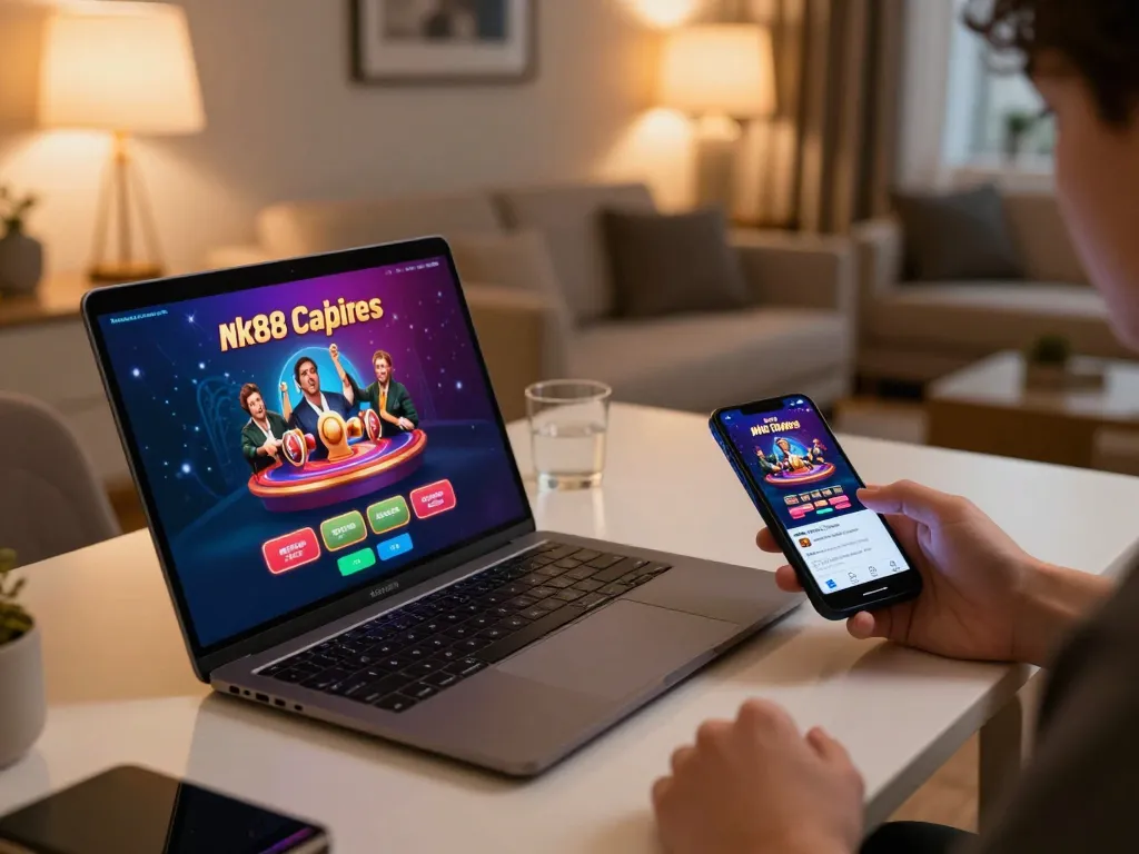 Engaging in nk88 mobile gaming with a sleek smartphone in a cozy home setting.