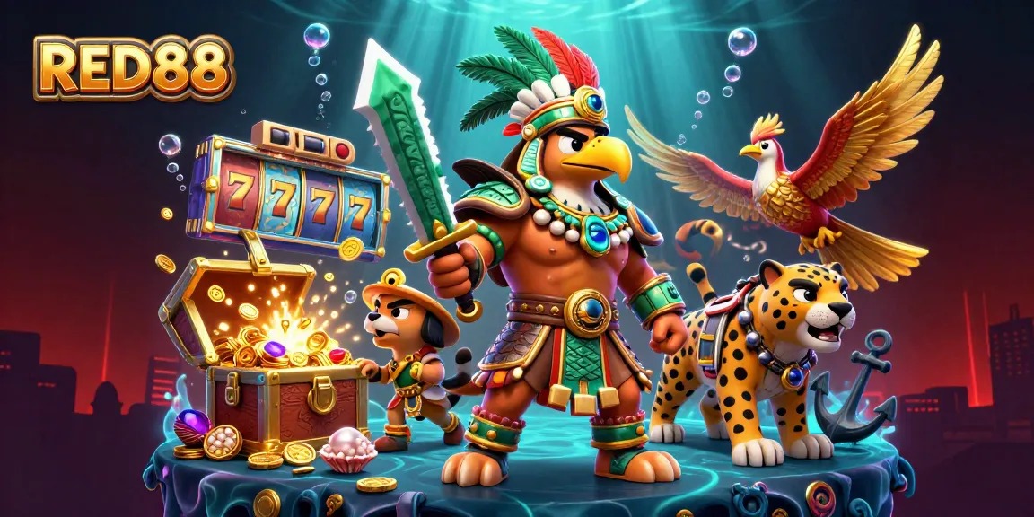 Win big at RED88 with ancient warriors amidst vibrant casino elements and dynamic game visuals.