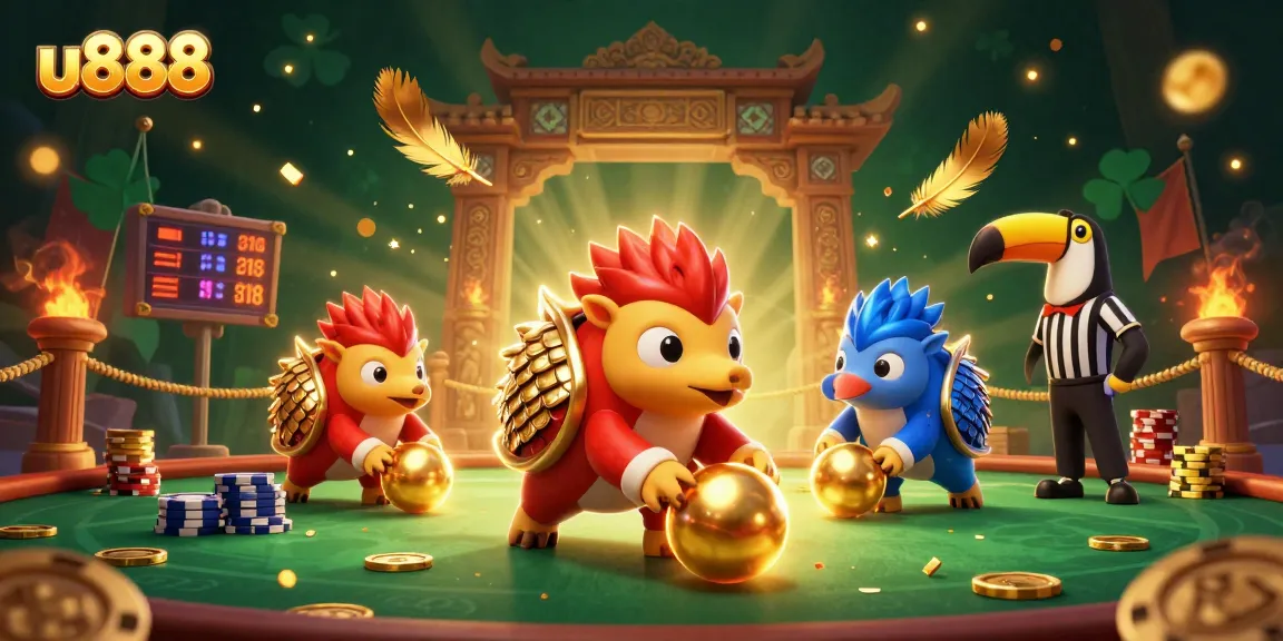 u888 pangolins clash in a vibrant casino-themed showdown surrounded by poker chips and golden tokens.