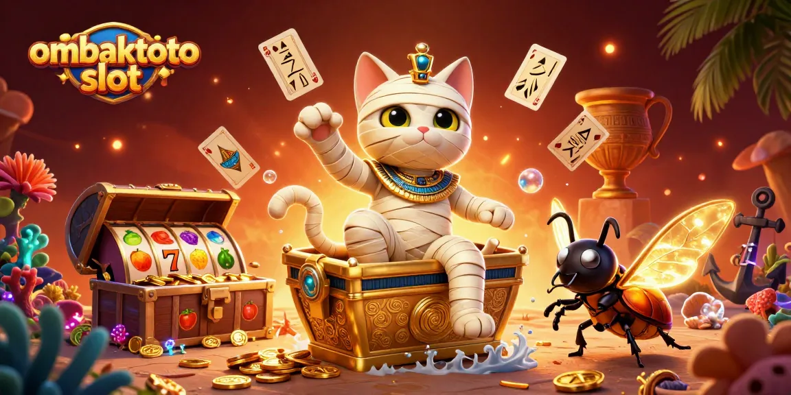 Play the ombaktoto slot with an energetic 3D scene featuring a mummy cat and a vibrant casino.