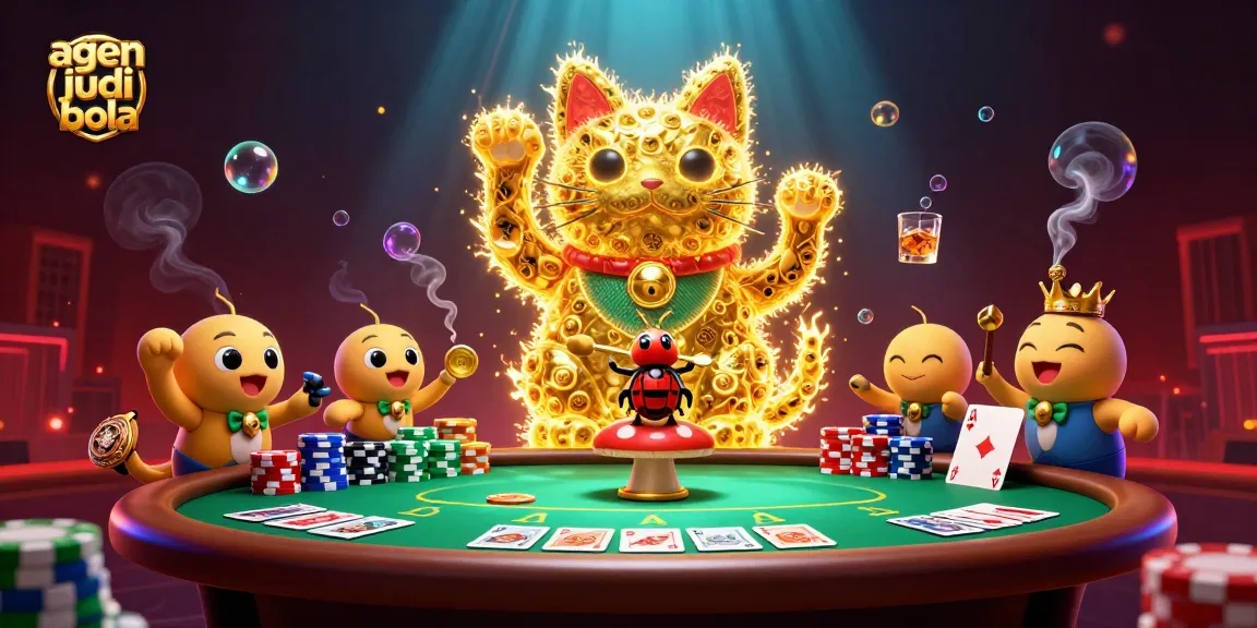 Experience thrilling bets with agen judi bola in a dynamic 3D casino scene featuring a lucky cat and engaging game elements.