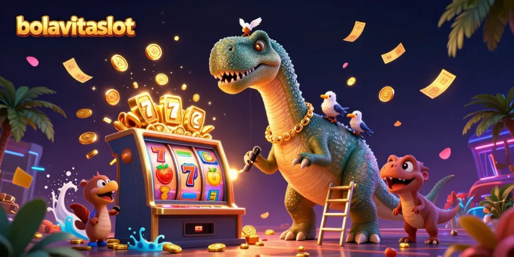 Experience the excitement of bolavitaslot with a cartoon dinosaur interacting with slot machines amidst colorful casino elements.