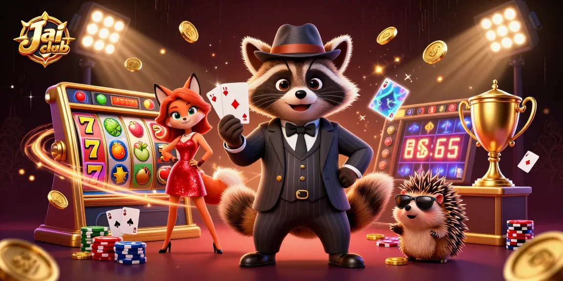Win big with Jai club at a vibrant cartoon casino scene filled with slot reels and excitement.