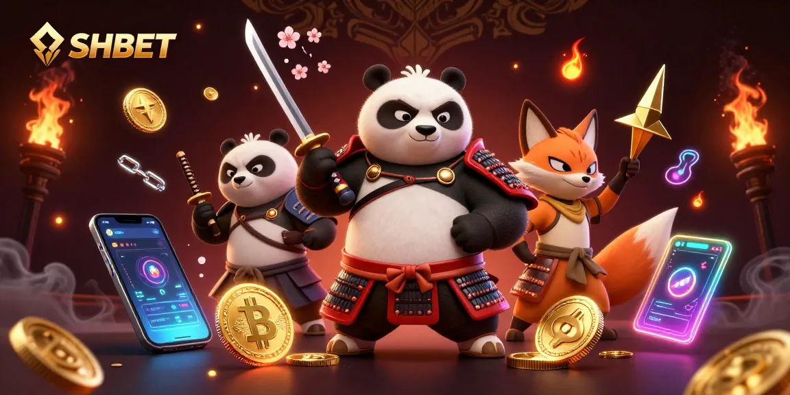 Experience thrilling wins with SHBET's 3D samurai panda and ninja fox in a vibrant casino scene.