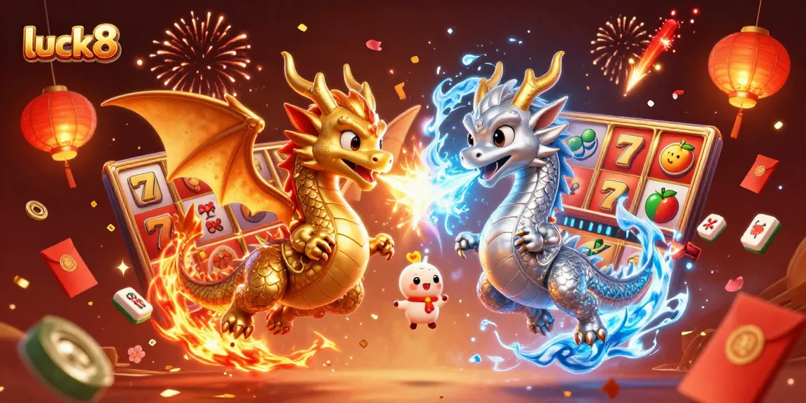 Spin the reels with luck8 in this vibrant casino illustration featuring dragons and slot symbols.